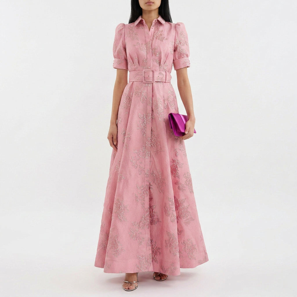 Matilda - Long Dress in Floral Jacquard with Belt