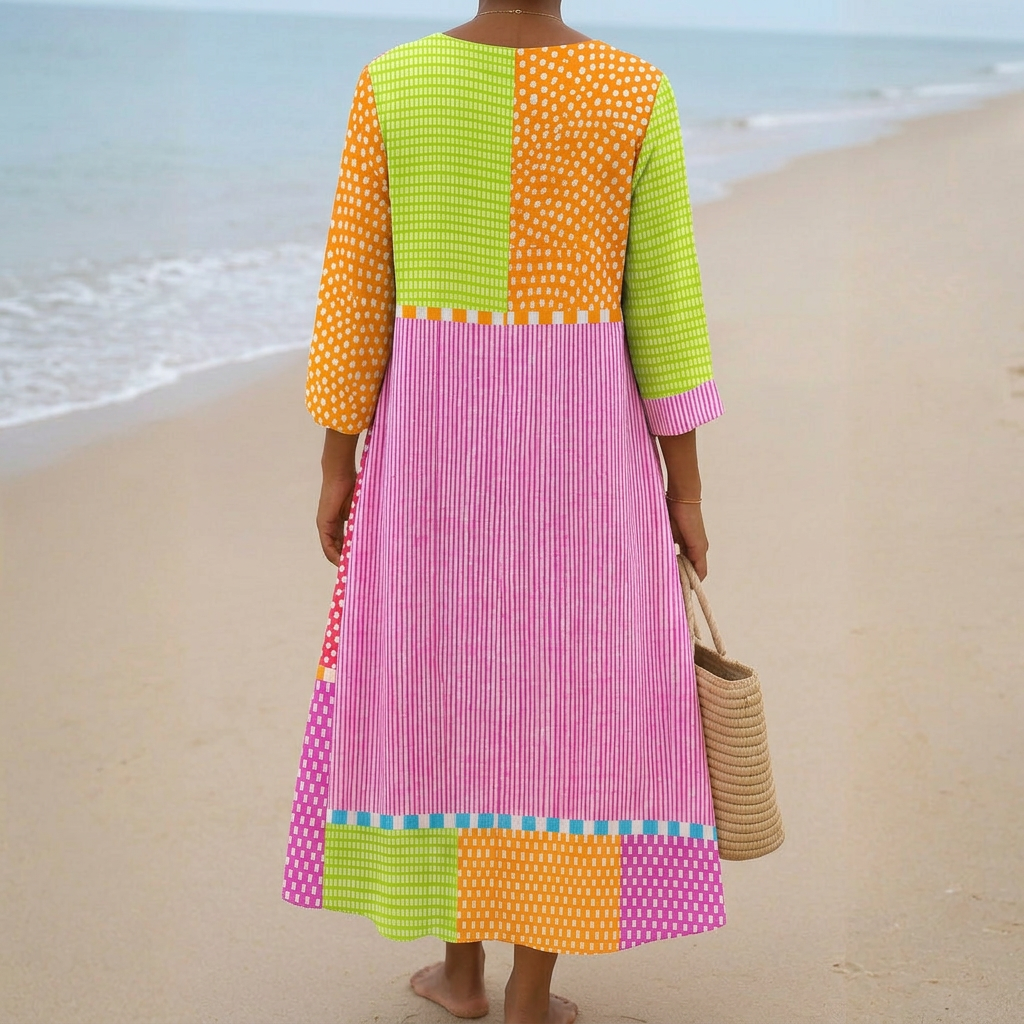 Florence - Colourful Patchwork Dress with Spots and Stripes