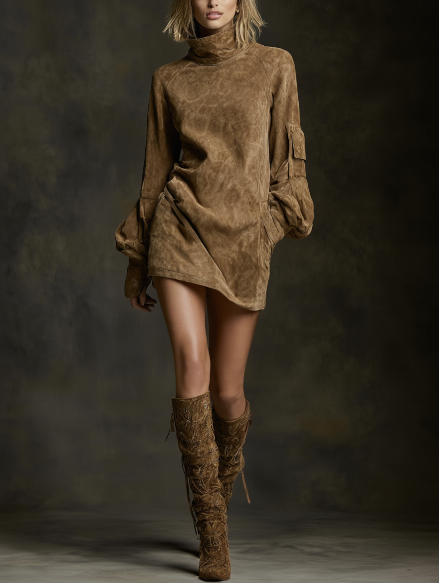 Livia ❘ Oversized Mini Suede Dress with High Neck