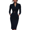 Marina | Refined black dress with belt and mandarin collar