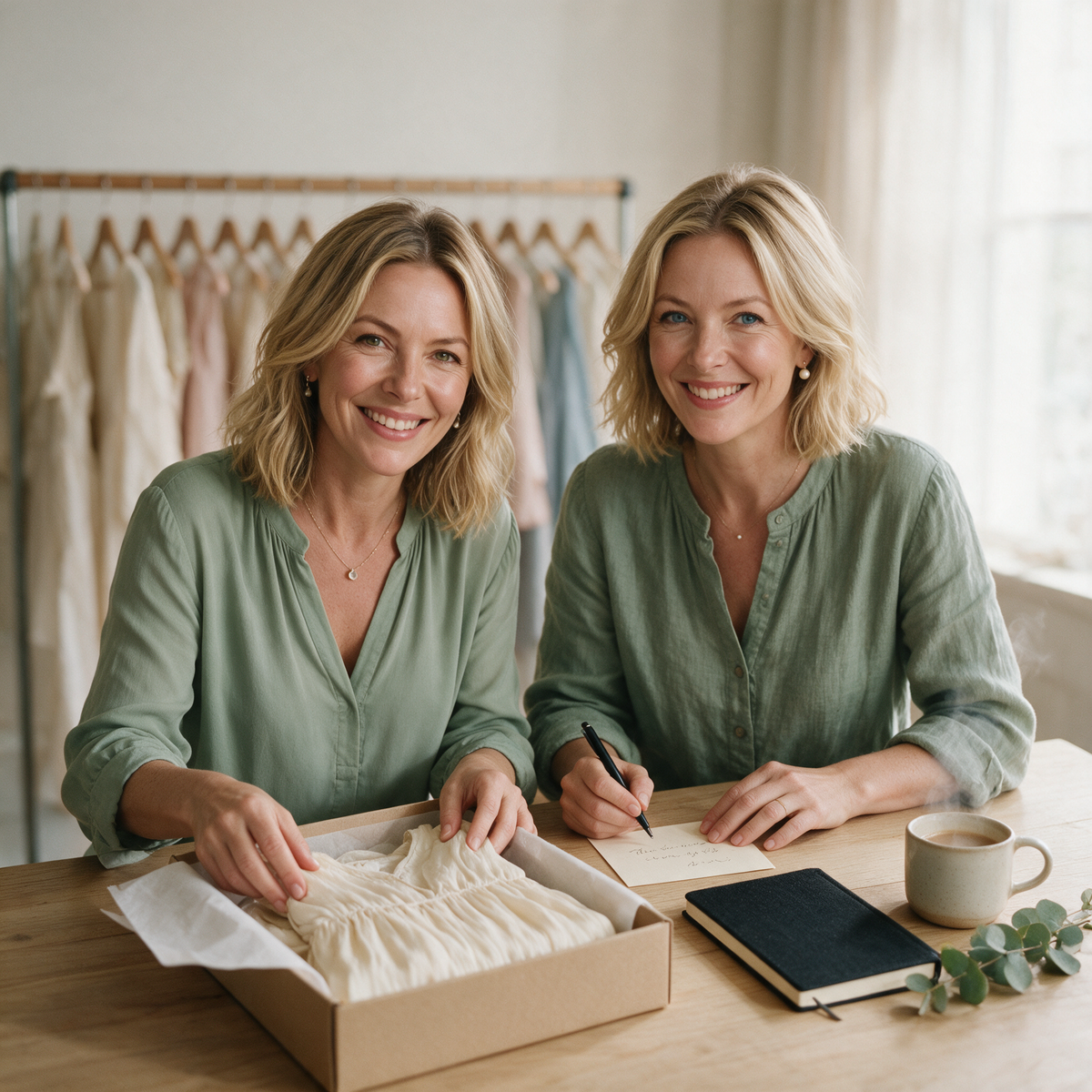 Kylie and Fiona packing an order with a handwritten note