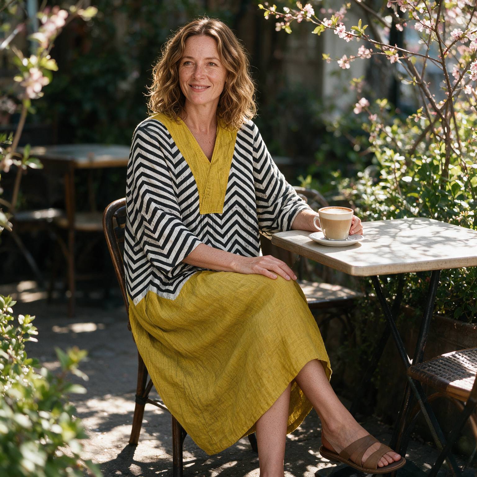 Matilda spring dress three quarter view at an outdoor cafe
