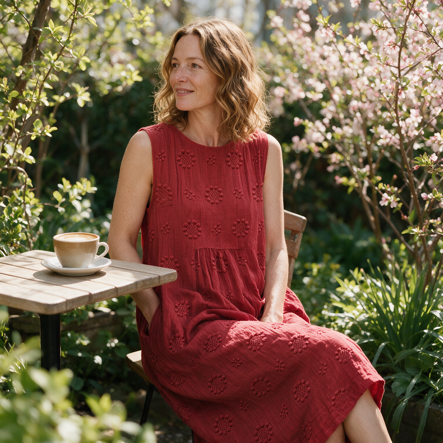 Tamsin spring dress three quarter view at an outdoor cafe