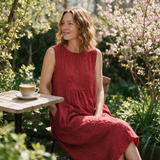 Tamsin spring dress three quarter view at an outdoor cafe