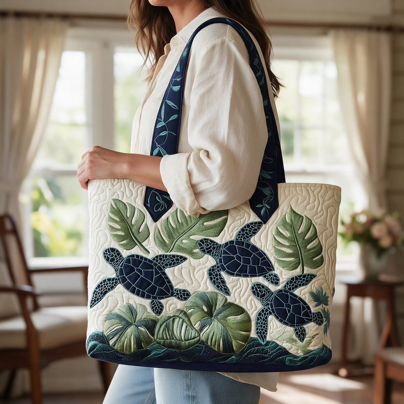 Terri quilted tote bag worn on the shoulder