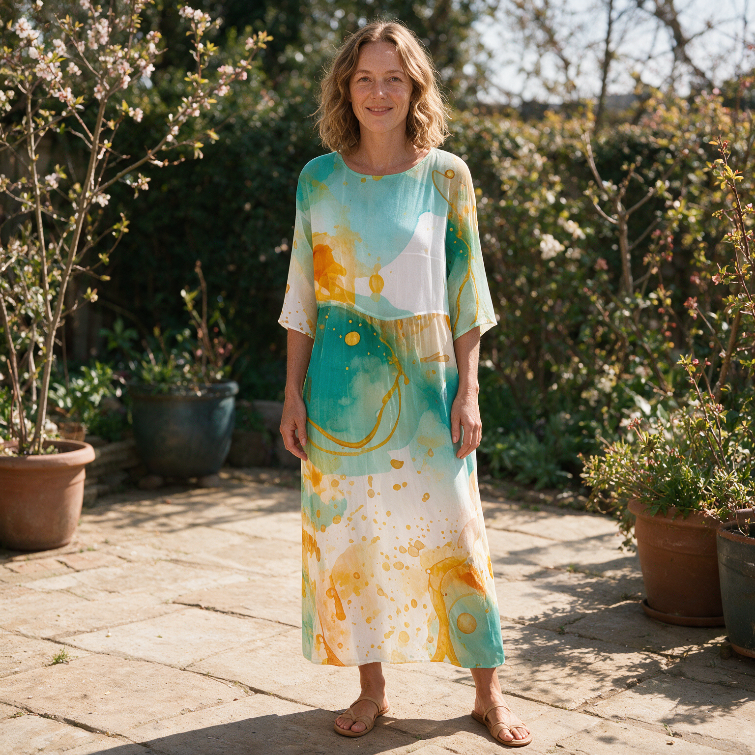 Tahlia spring dress front view on garden terrace