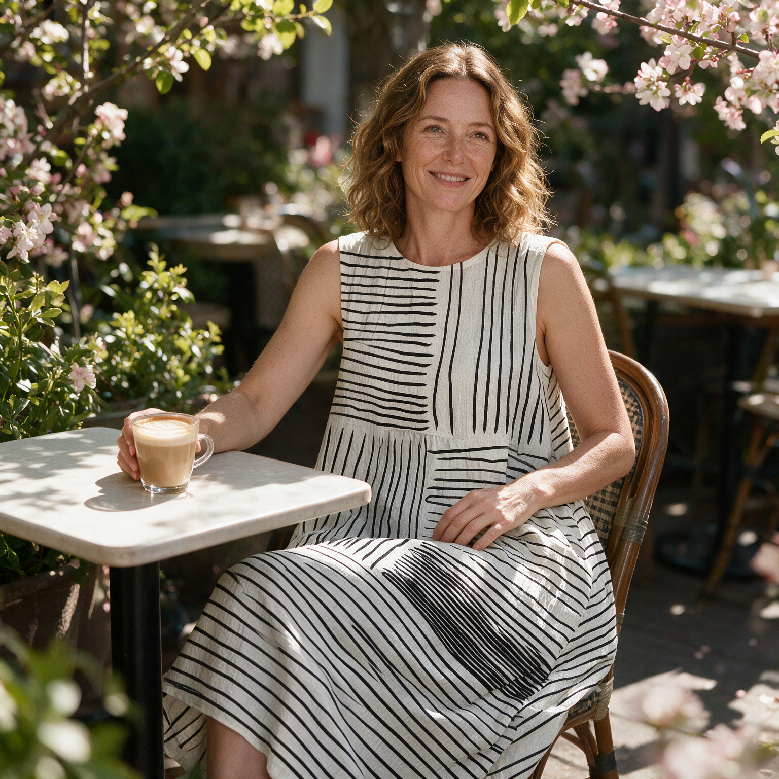 Janelle spring dress three quarter view at an outdoor cafe