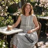 Janelle spring dress three quarter view at an outdoor cafe