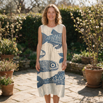 Sally spring dress front view on garden terrace