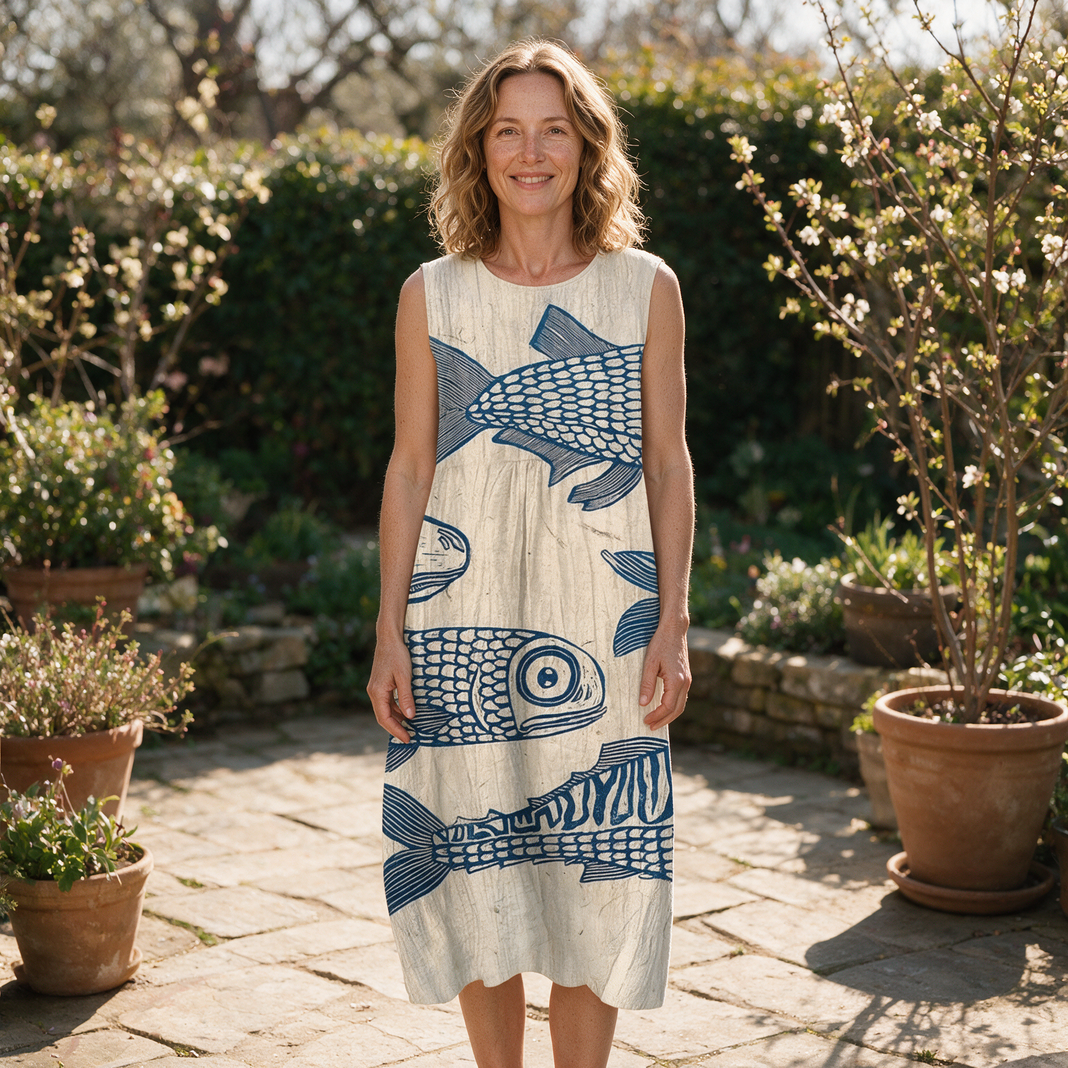 Sally spring dress front view on garden terrace