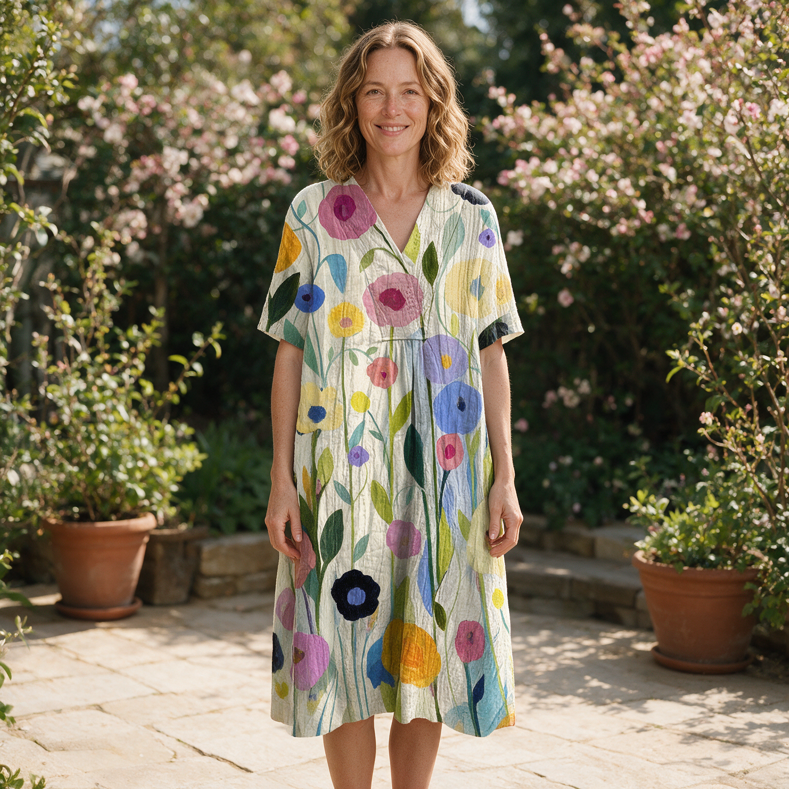 Lydia spring dress front view on garden terrace