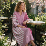 Narelle spring dress three quarter view at an outdoor cafe