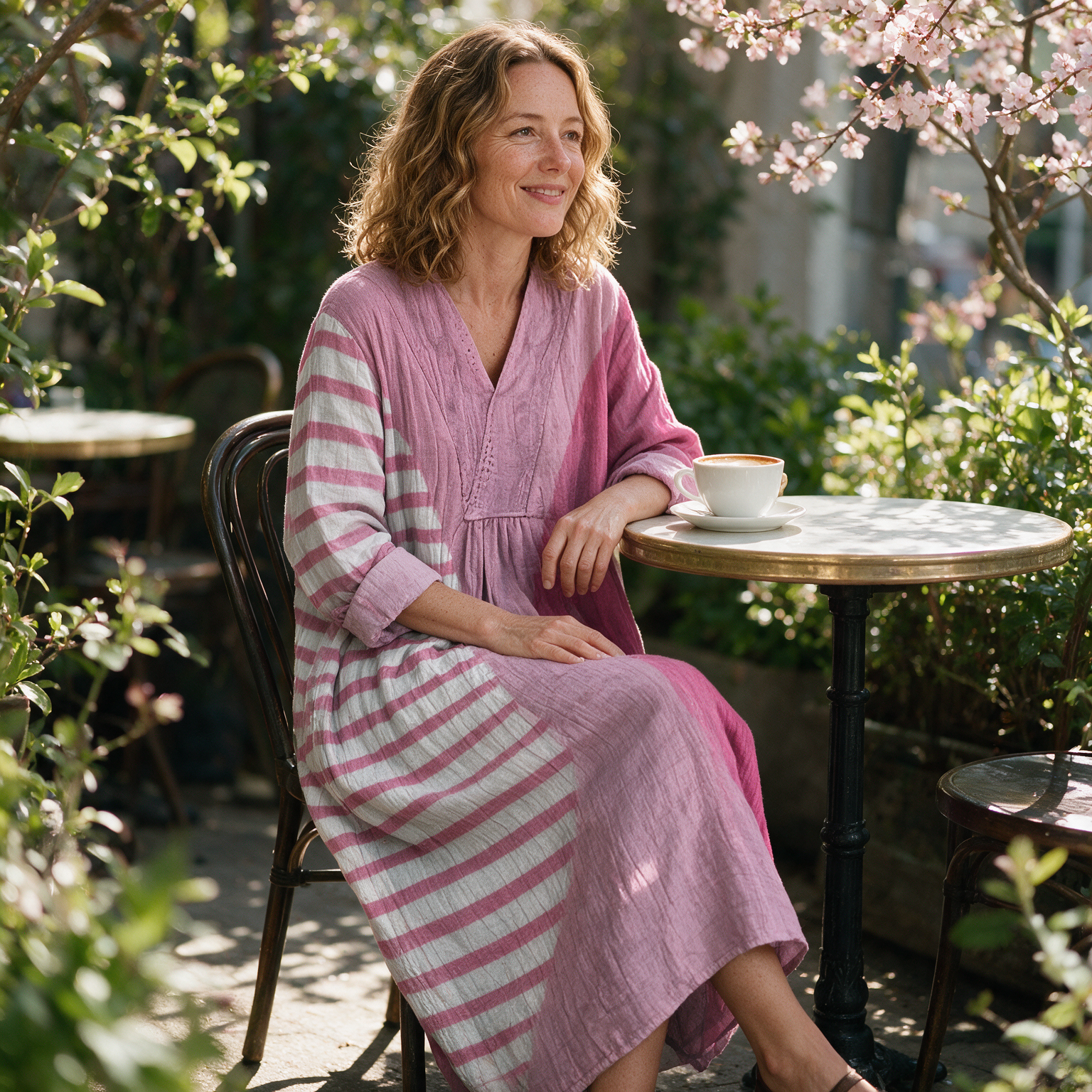 Narelle spring dress three quarter view at an outdoor cafe