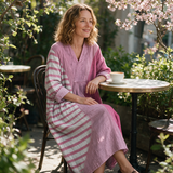 Narelle spring dress three quarter view at an outdoor cafe