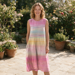 Alyse spring dress front view on garden terrace