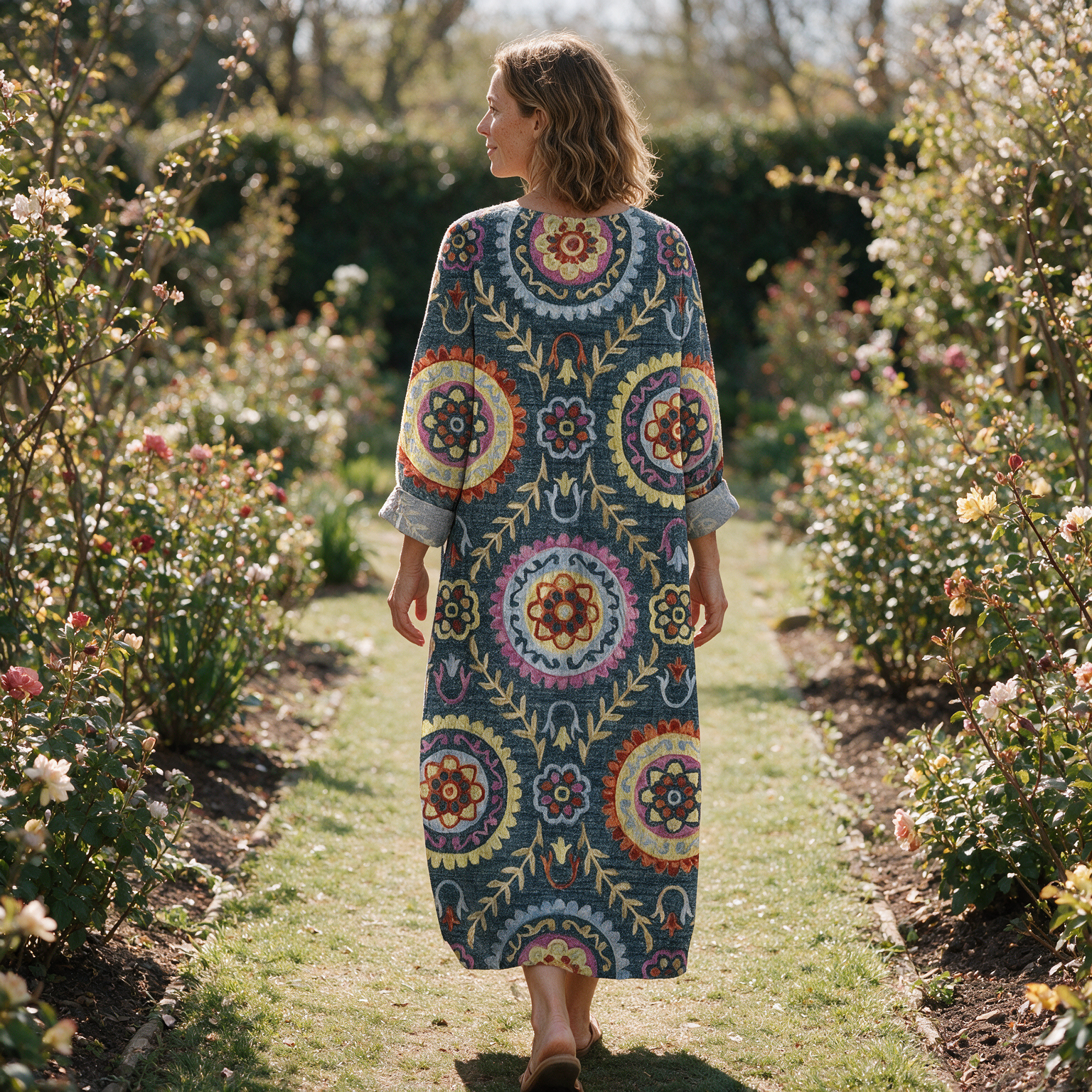 Cameline spring dress back view on a garden path