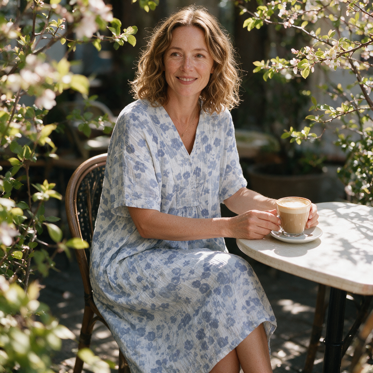 Nadine spring dress three quarter view at an outdoor cafe