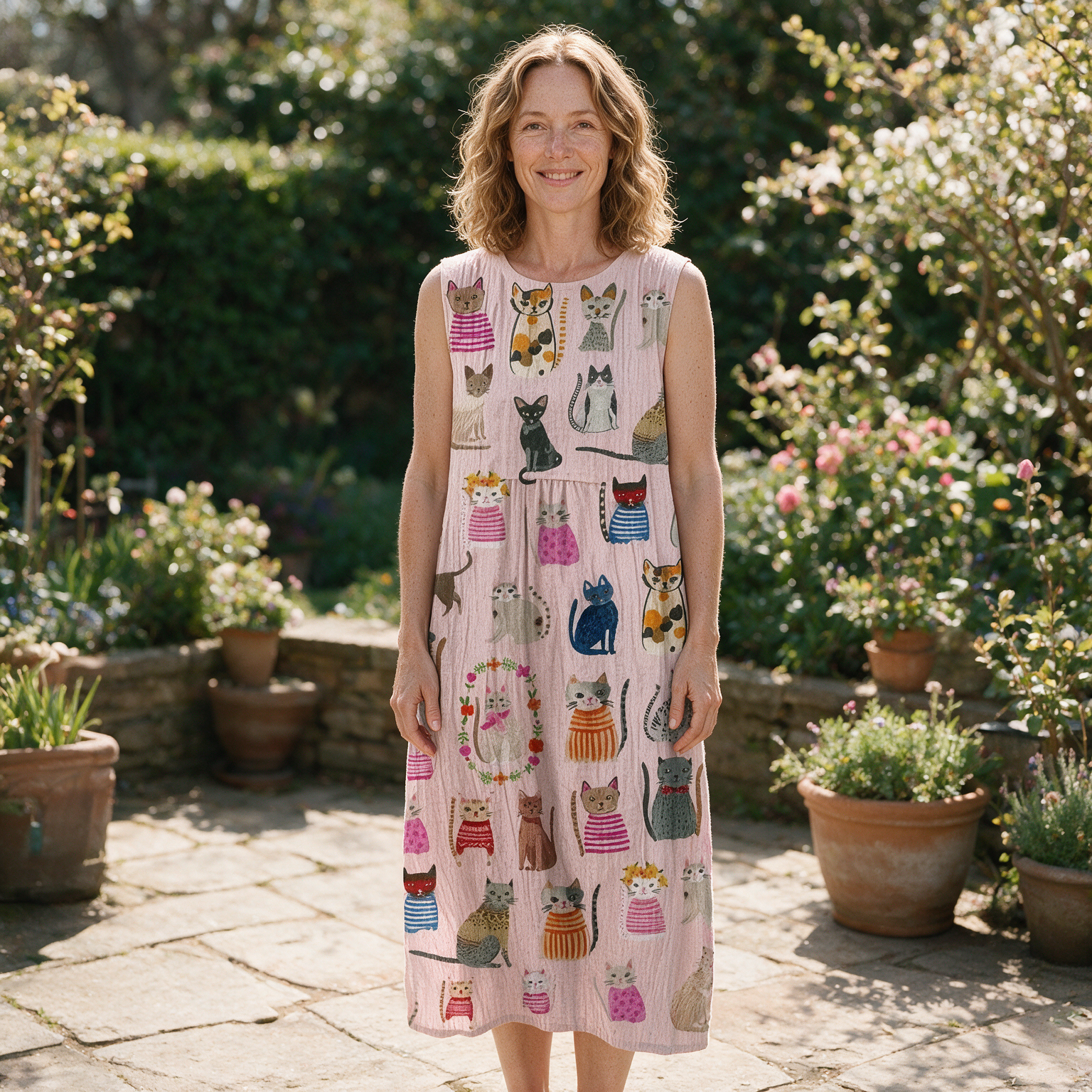 Louisiana spring dress front view on garden terrace