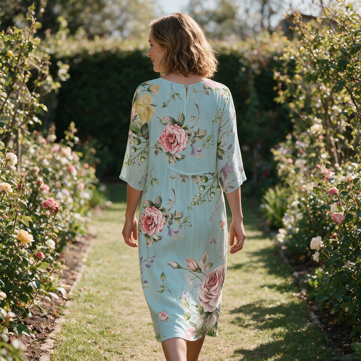 Shelley spring dress back view on a garden path
