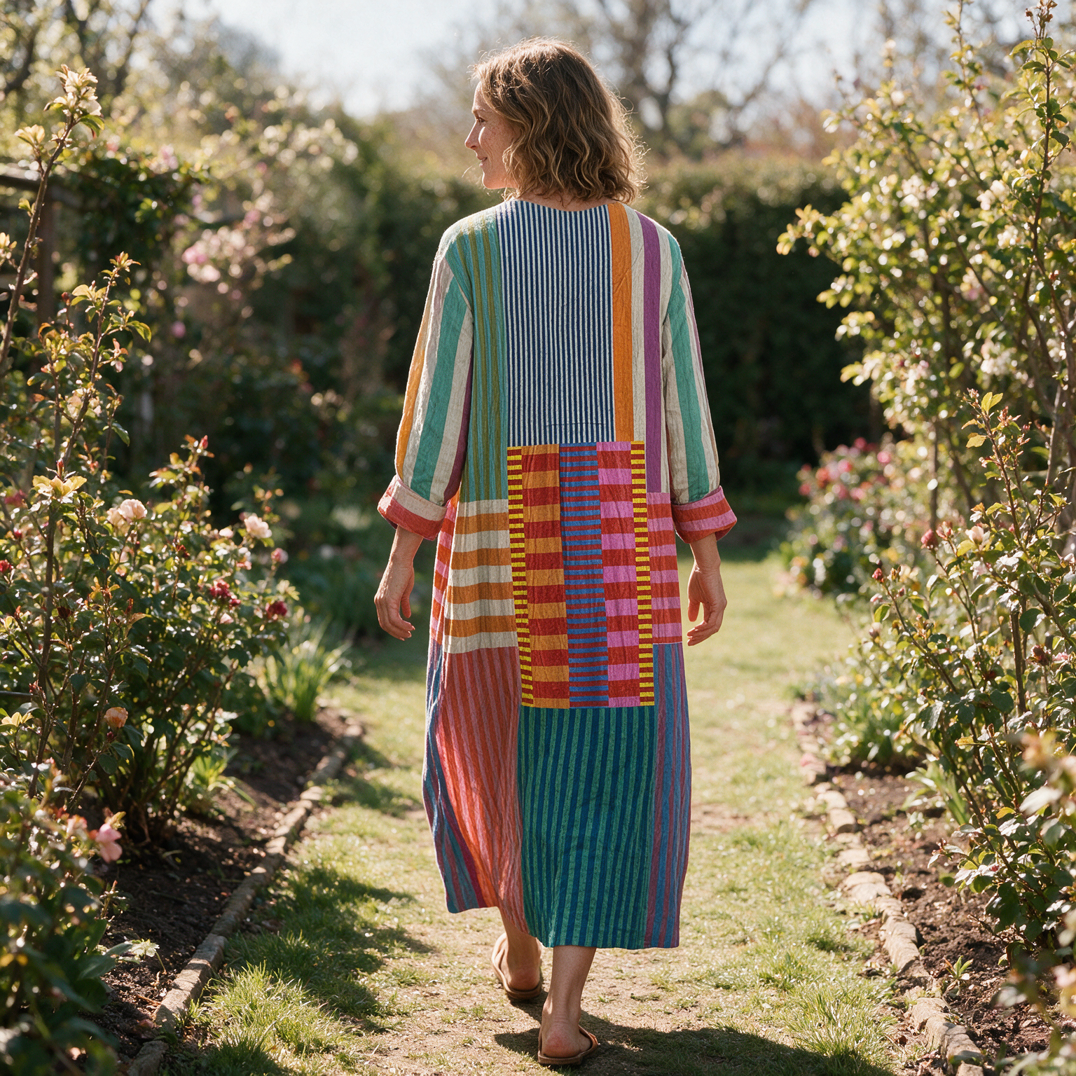 Hayley spring dress back view on a garden path