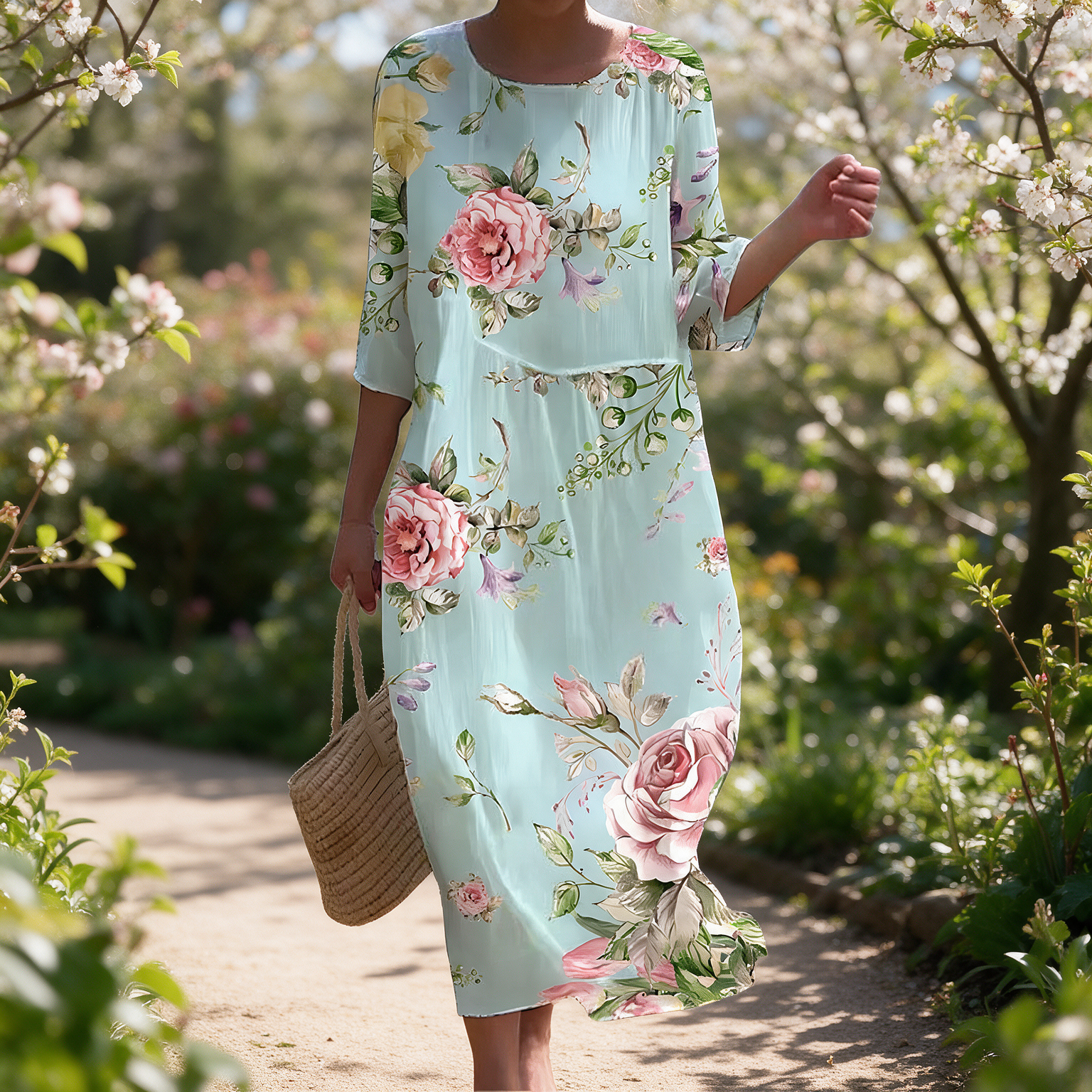 Shelley spring dress in a sunlit garden