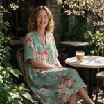 Evelyn spring dress three quarter view at an outdoor cafe
