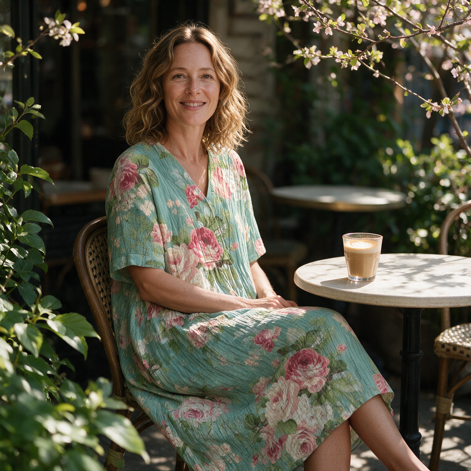 Evelyn spring dress three quarter view at an outdoor cafe