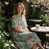Evelyn spring dress three quarter view at an outdoor cafe