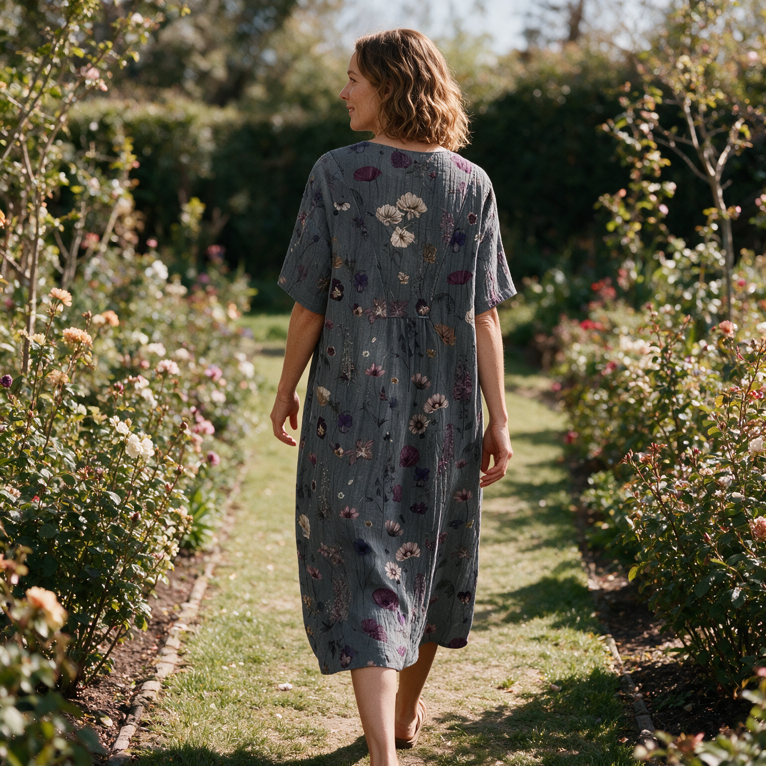 Marnie spring dress back view on a garden path