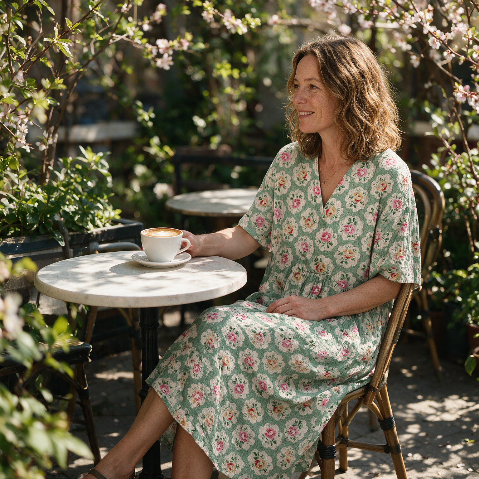Ginny spring dress three quarter view at an outdoor cafe