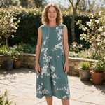 Tanya spring dress front view on garden terrace