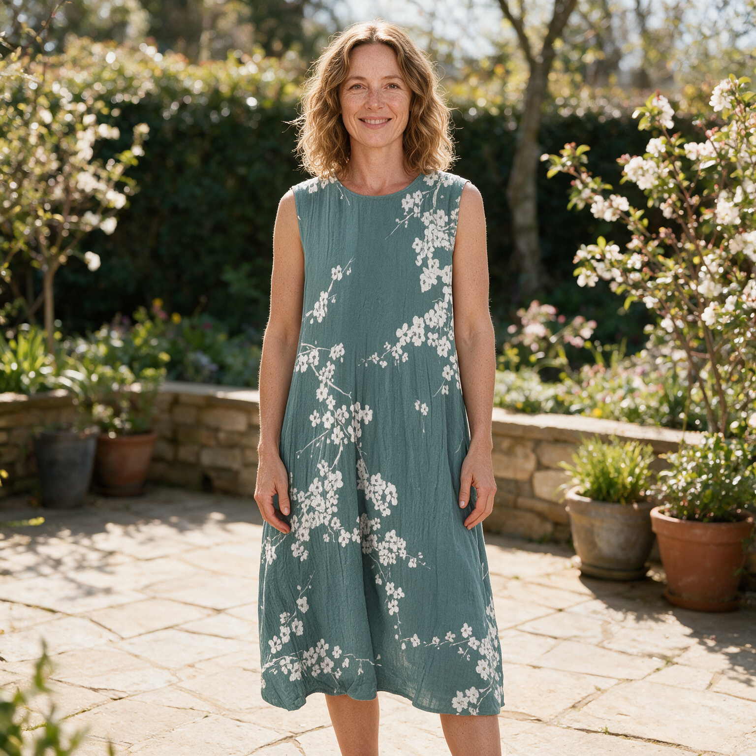 Tanya spring dress front view on garden terrace