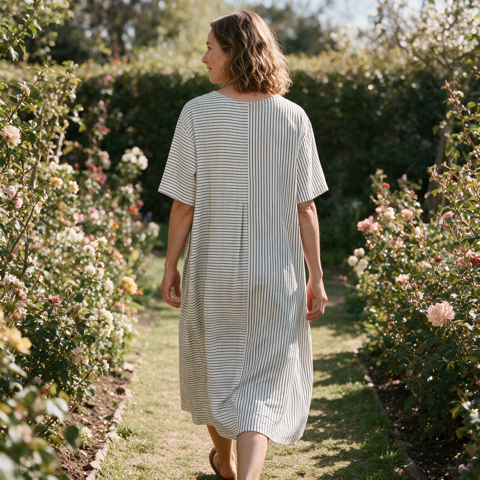 Robyn spring dress back view on a garden path