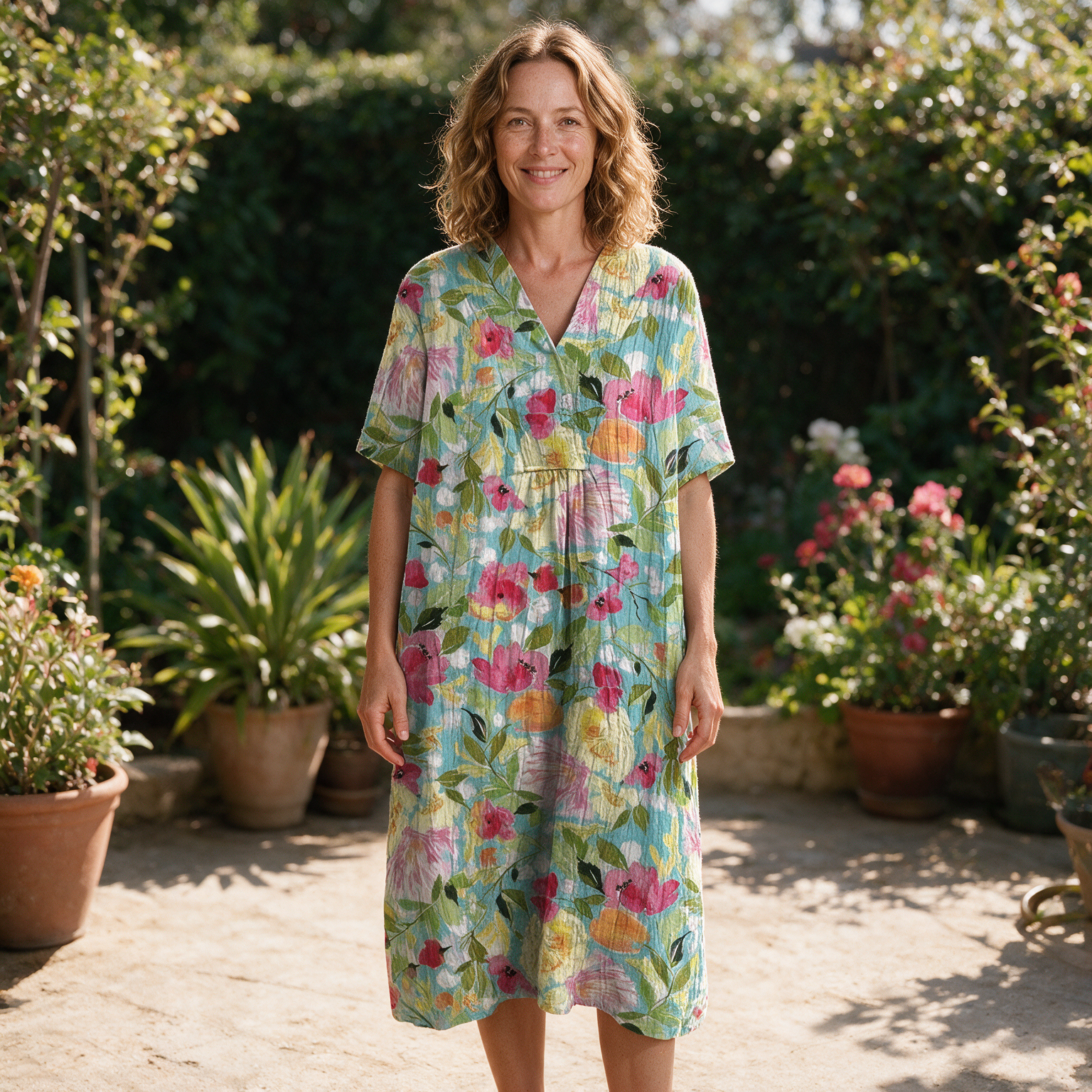 Bronwyn spring dress front view on garden terrace