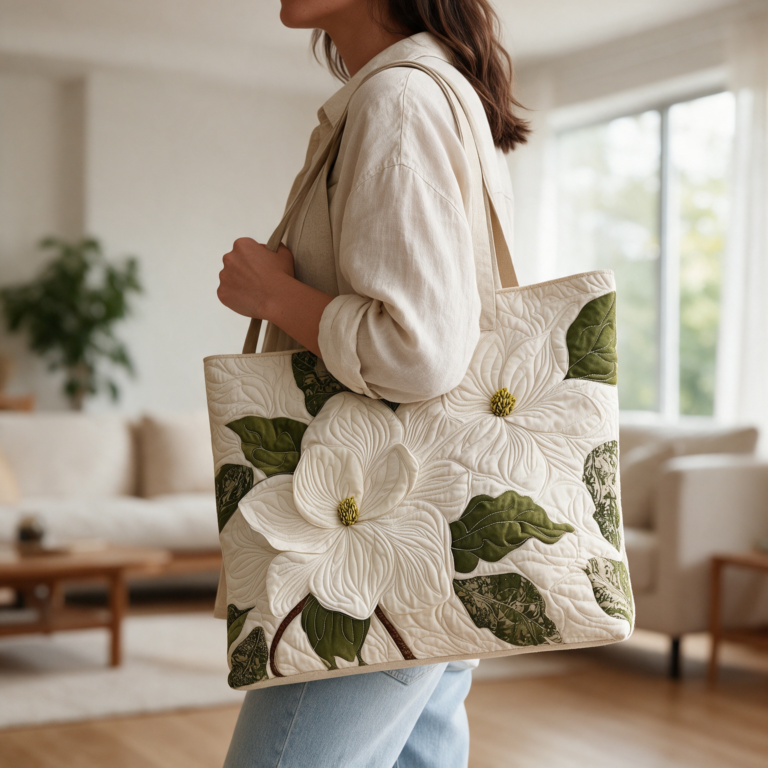 Raelene quilted tote bag worn on the shoulder
