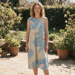 Miranda spring dress front view on garden terrace