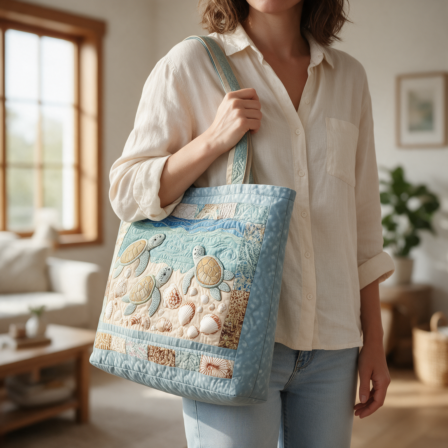 Julie quilted tote bag worn on the shoulder