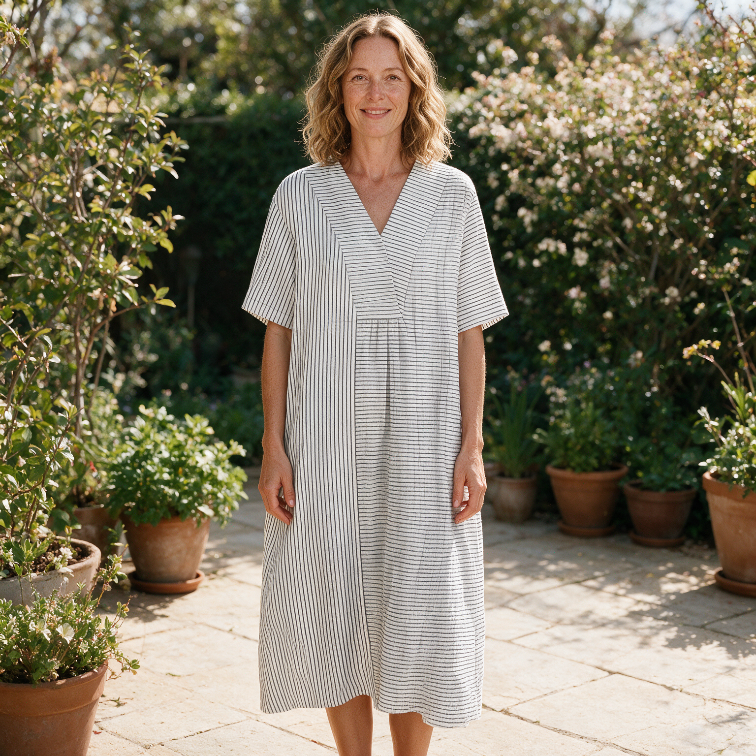 Robyn spring dress front view on garden terrace