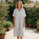 Robyn spring dress front view on garden terrace