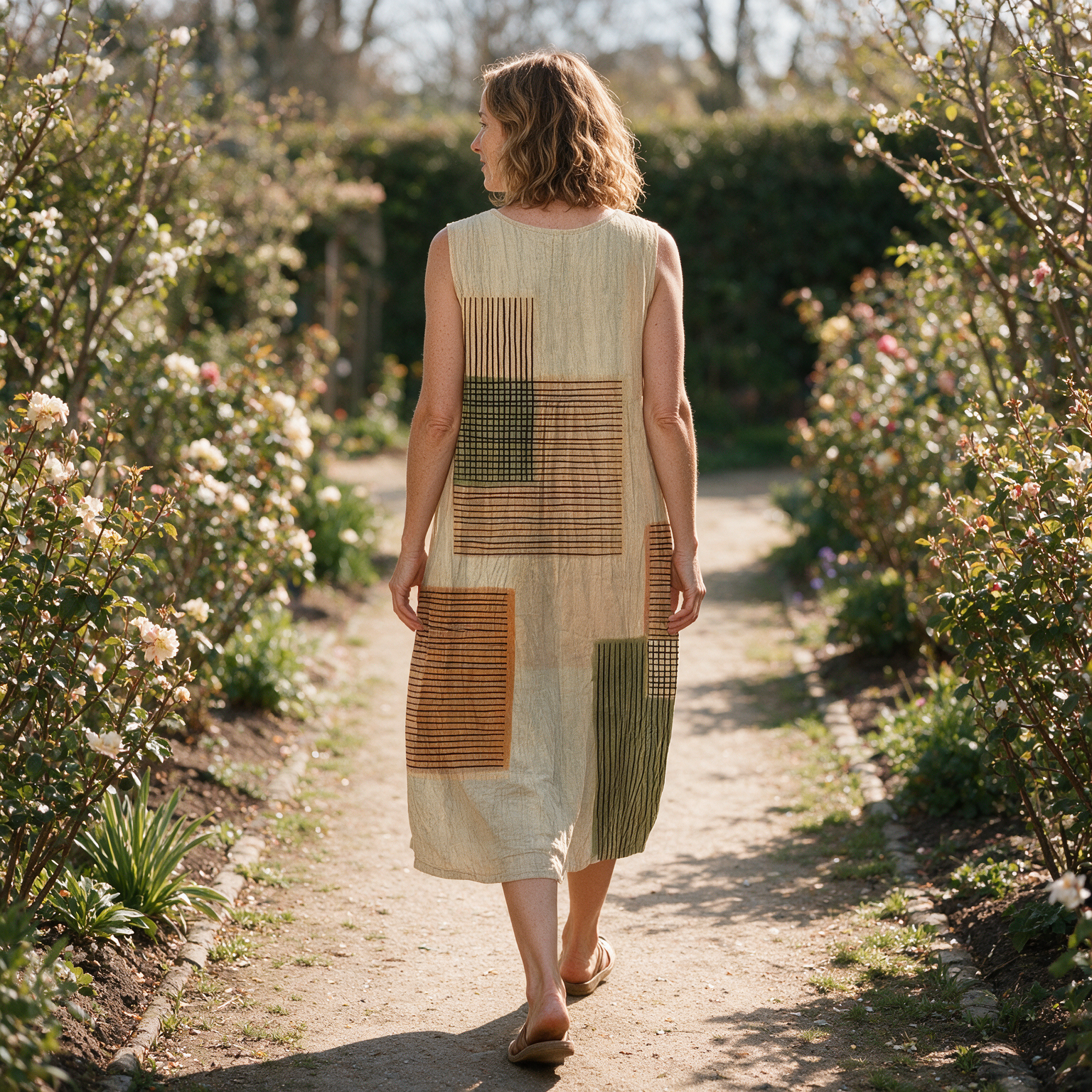 Geraldine spring dress back view on a garden path