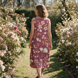 Jenny spring dress back view on a garden path
