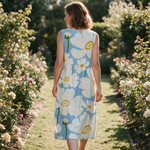 Penny spring dress back view on a garden path