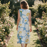 Penny spring dress back view on a garden path