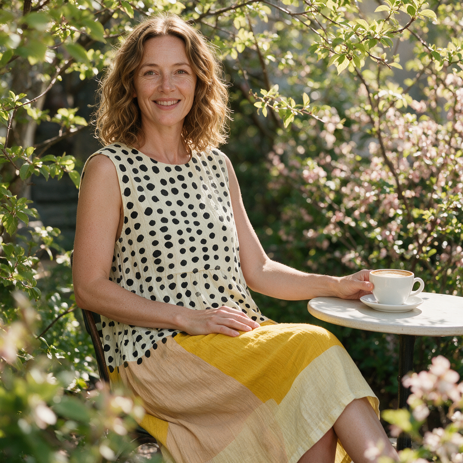 Simone spring dress three quarter view at an outdoor cafe