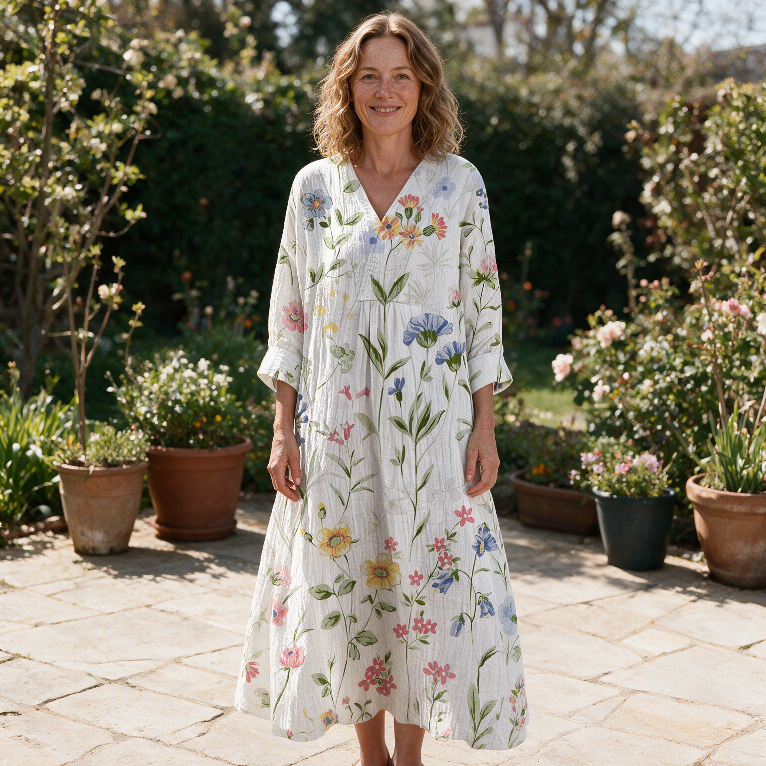 Belinda spring dress front view on garden terrace