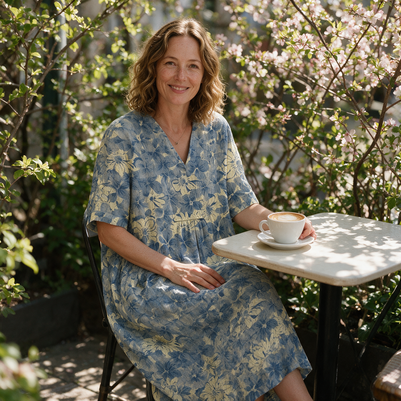 Lisou spring dress three quarter view at an outdoor cafe