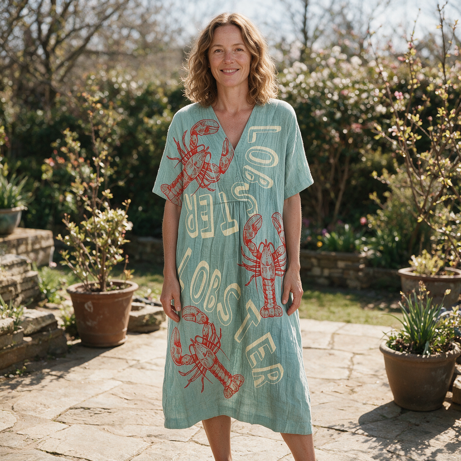 Kate spring dress front view on garden terrace