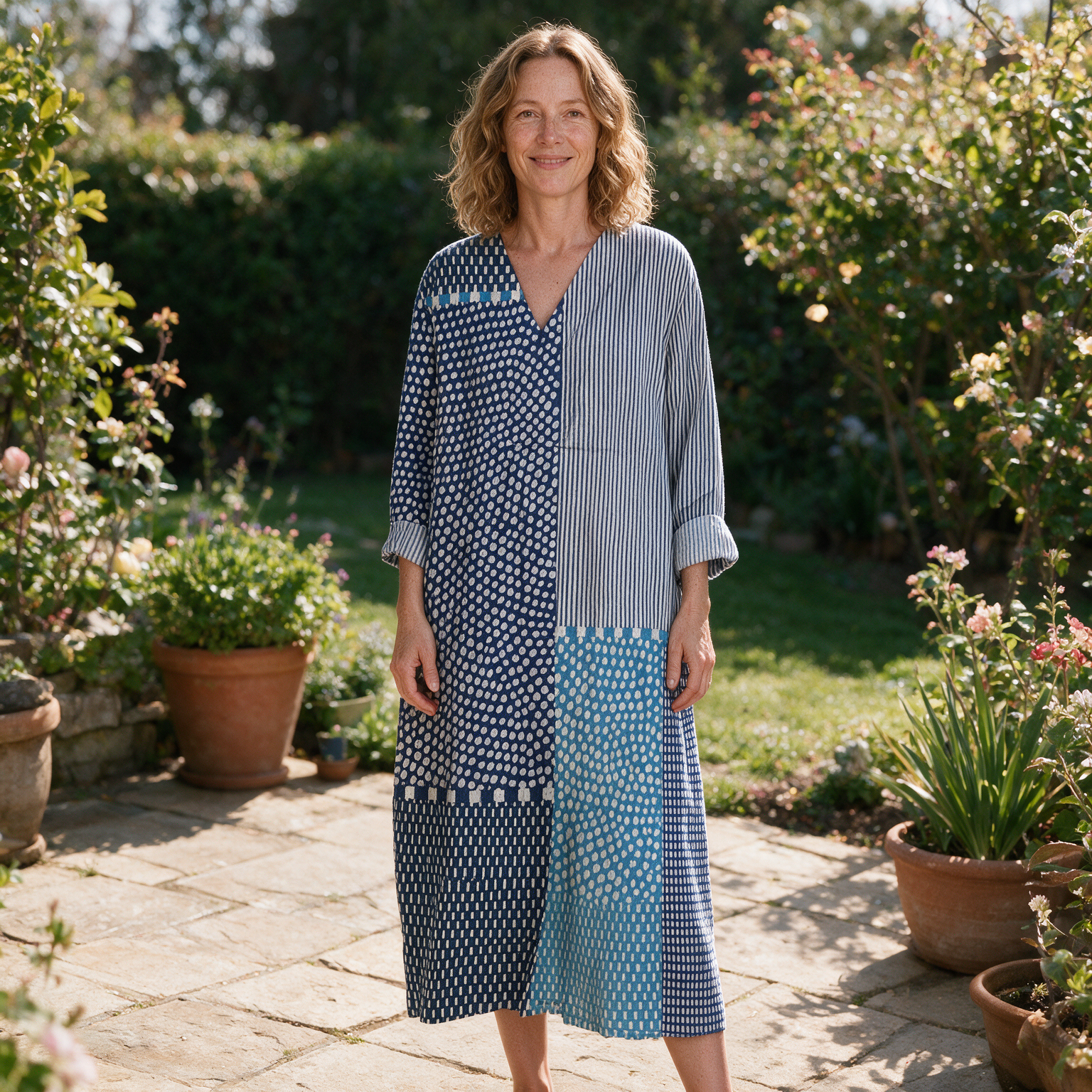 Bronte spring dress front view on garden terrace