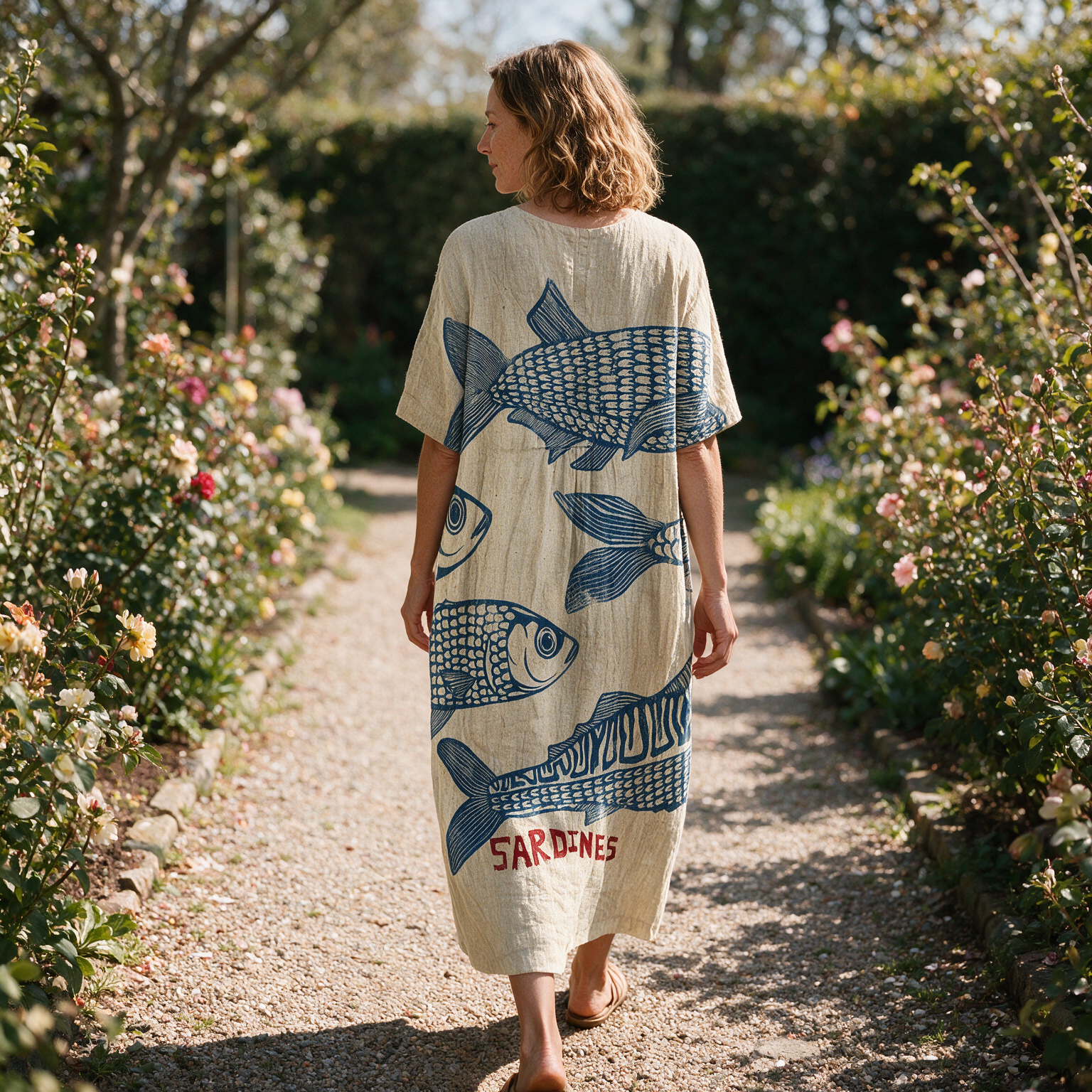 Sandra spring dress back view on a garden path
