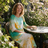 Tahlia spring dress three quarter view at an outdoor cafe